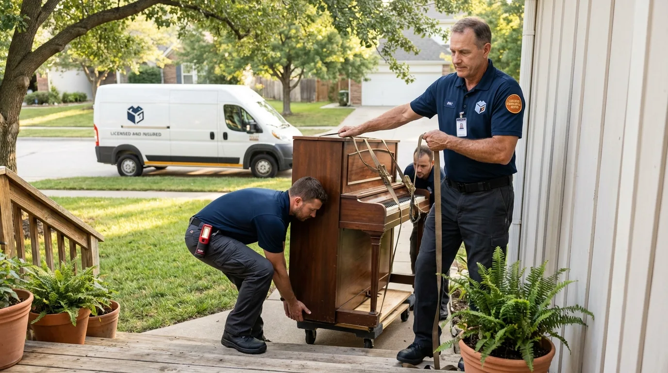 Licensed piano movers securing grand piano in Richton, MS