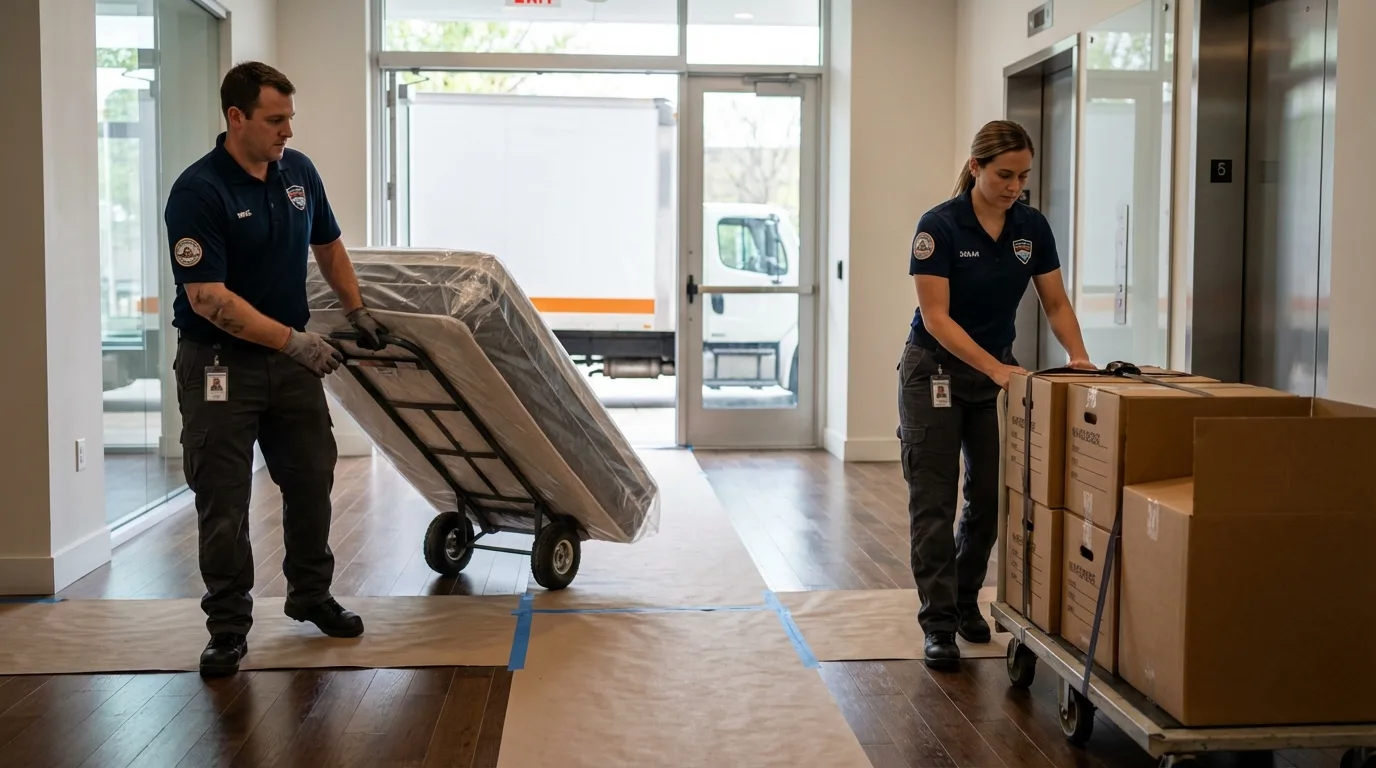 Professional apartment movers loading elevator in Richton, MS